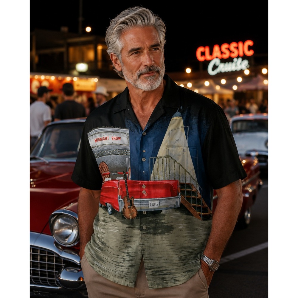 Tori Richard Shirt XL Midnight Show Graphic Red Cadillac Guitar 50's Hawaii 1214